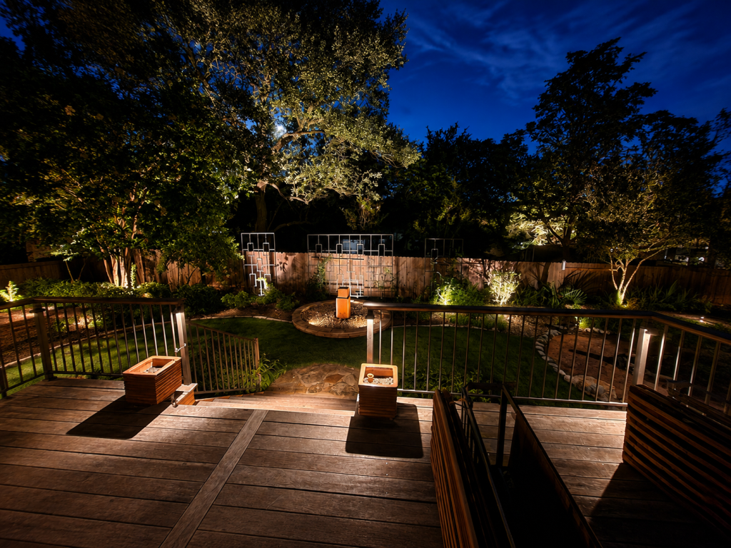 Night backyard scene with a wooden deck, railing, and a circular stone seating/stone bed area surrounded by trees and garden lighting