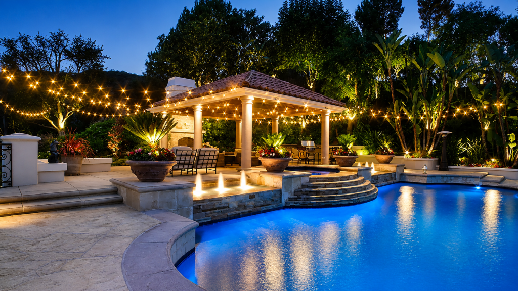 Backlit outdoor lounge area with a tiled pool, stone waterfall, and string lights under a gazebo at dusk.