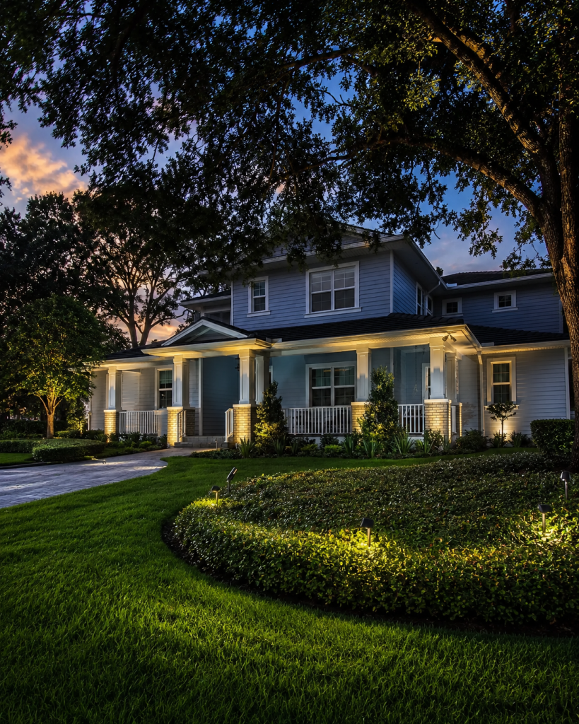 Two-story blue house with illuminated front porch and manicured lawn at dusk, surrounded by trees on a calm evening.