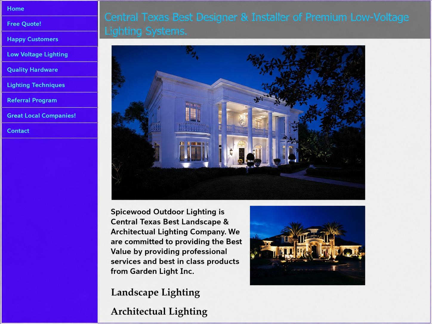Homepage layout for a premium lighting company: blue left navigation, cyan header text, large night photo of a white mansion, plus a smaller house image with text below.
