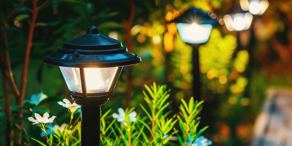 Shielded pathway lights with top caps cast soft, downward illumination along garden plants to prevent harsh landscape lighting glare.